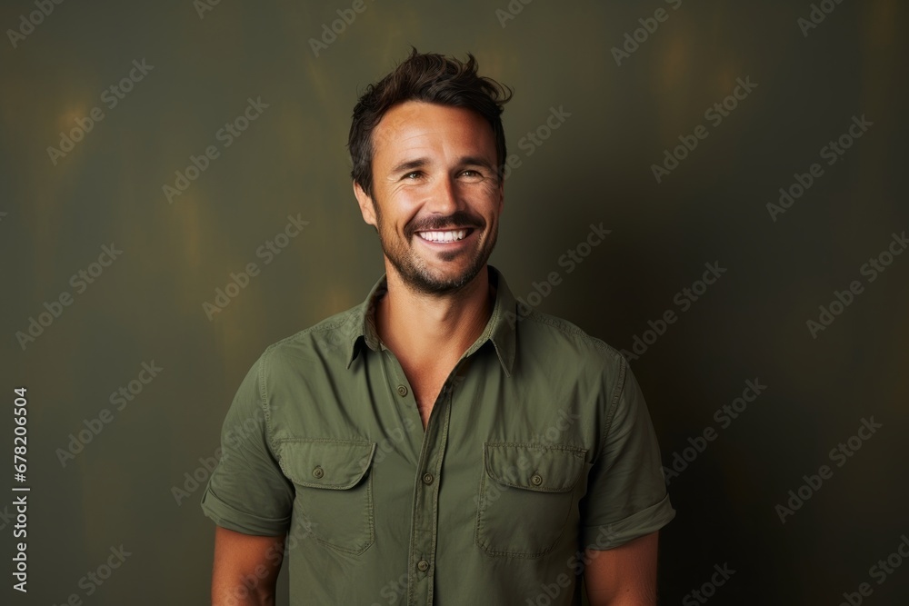 Obraz premium Portrait of a smiling man in his 30s sporting a breathable hiking shirt against a minimalist or empty room background. AI Generation