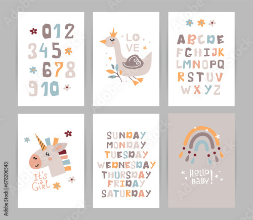 Set of posters with cute animals, numbers and alphabet for girls.