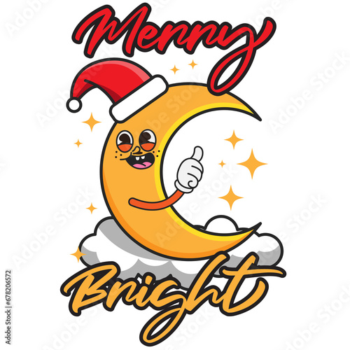 Illustration of a crescent moon wearing a red Christmas hat. With the words  Merry Bright . Suitable for designing t-shirts  jackets  hoodies  bags  etc.