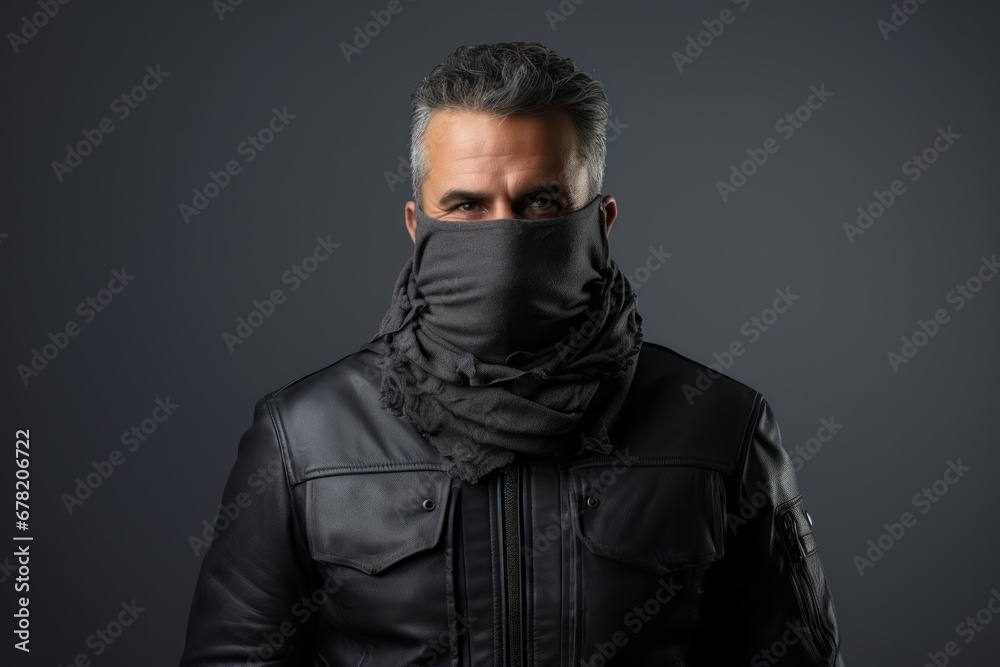 Portrait of a jovial man in his 40s wearing a protective neck gaiter against a minimalist or empty room background. AI Generation