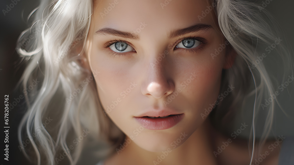 Obraz premium 25 year old woman with radiant and fresh skin, photo shoot, beauty model, light background, close-up of face