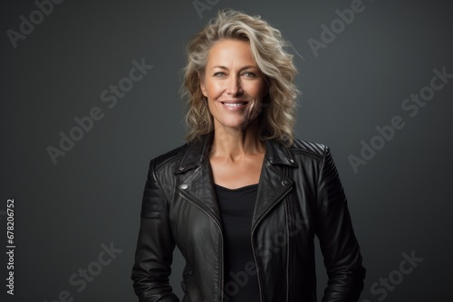 Portrait of a smiling woman in her 50s sporting a classic leather jacket against a minimalist or empty room background. AI Generation