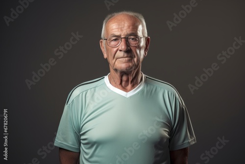 Portrait of a jovial man in his 80s sporting a breathable mesh jersey against a minimalist or empty room background. AI Generation