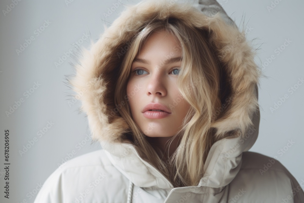 Portrait of a tender woman in her 20s wearing a warm parka against a minimalist or empty room background. AI Generation Portrait of a tender woman in her 20s wearing a warm parka against a minimalist or empty room background. AI Generation