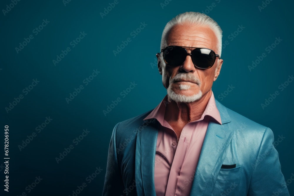 Portrait of a content man in his 60s wearing a trendy sunglasses against a minimalist or empty room background. AI Generation Portrait of a content man in his 60s wearing a trendy sunglasses against a minimalist or empty room background. AI Generation