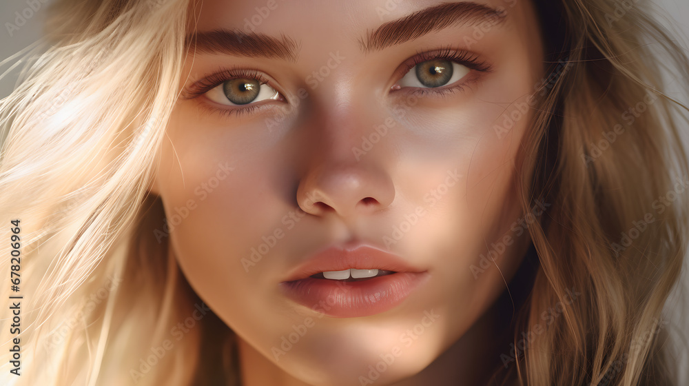25 year old woman with radiant and fresh skin, photo shoot, beauty model, light background, close-up of face