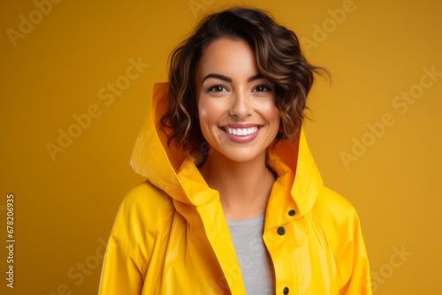 Portrait of a blissful woman in her 30s wearing a vibrant raincoat against a solid color backdrop. AI Generation