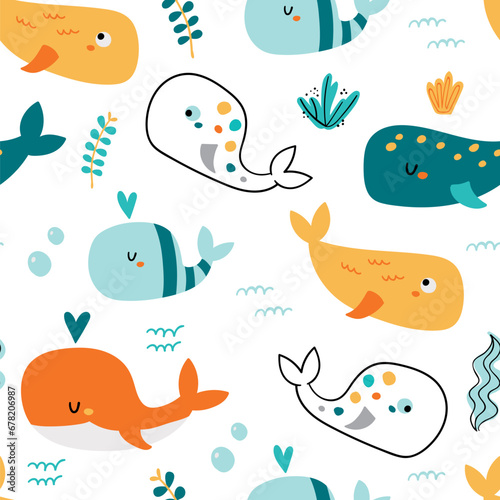 Seamless pattern with cute whales