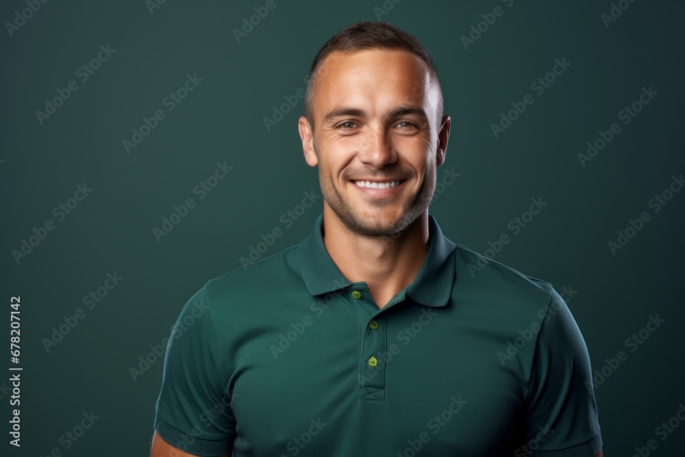 Portrait of a happy man in his 30s donning a classy polo shirt against a solid color backdrop. AI Generation Portrait of a happy man in his 30s donning a classy polo shirt against a solid color backdrop. AI Generation