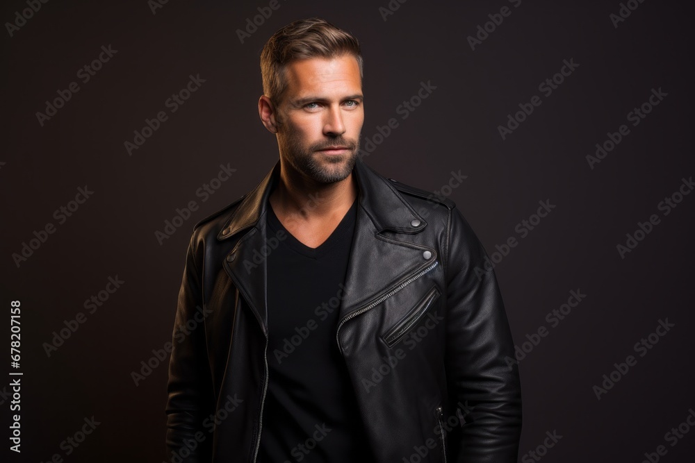 Portrait of a satisfied man in his 30s sporting a classic leather jacket against a solid color backdrop. AI Generation