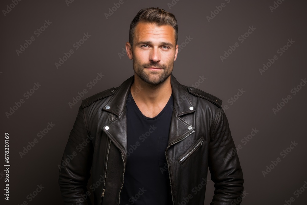 Portrait of a satisfied man in his 30s sporting a classic leather jacket against a solid color backdrop. AI Generation