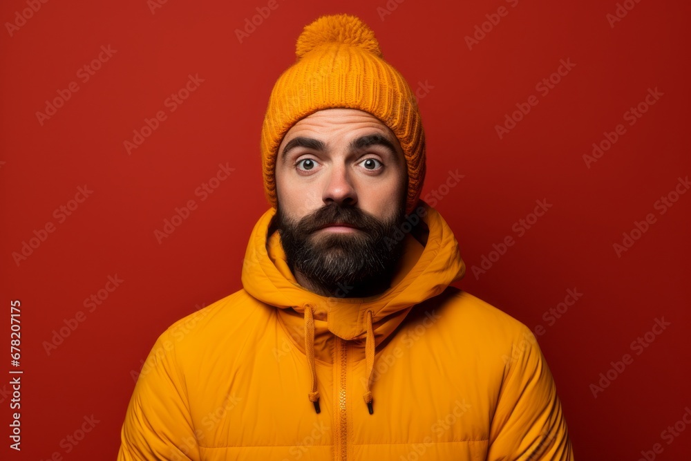 Portrait of a content man in his 30s dressed in a warm ski hat against a solid color backdrop. AI Generation Portrait of a content man in his 30s dressed in a warm ski hat against a solid color backdrop. AI Generation