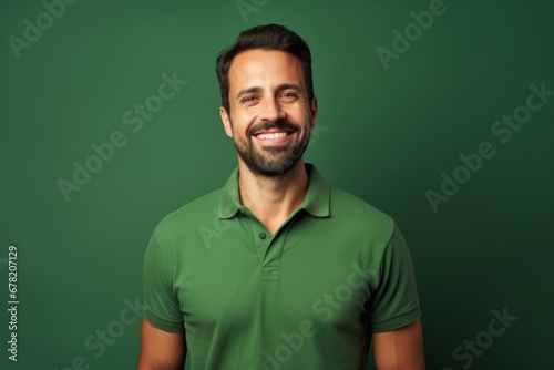 Portrait of a happy man in his 30s donning a classy polo shirt against a solid color backdrop. AI Generation