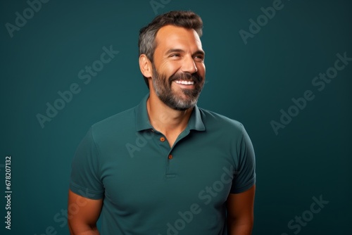 Portrait of a happy man in his 30s donning a classy polo shirt against a solid color backdrop. AI Generation