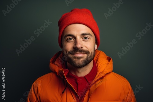 Portrait of a content man in his 30s dressed in a warm ski hat against a solid color backdrop. AI Generation © CogniLens