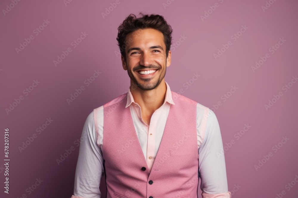 Portrait of a cheerful man in his 30s dressed in a breathable mesh vest against a solid color backdrop. AI Generation Portrait of a cheerful man in his 30s dressed in a breathable mesh vest against a solid color backdrop. AI Generation
