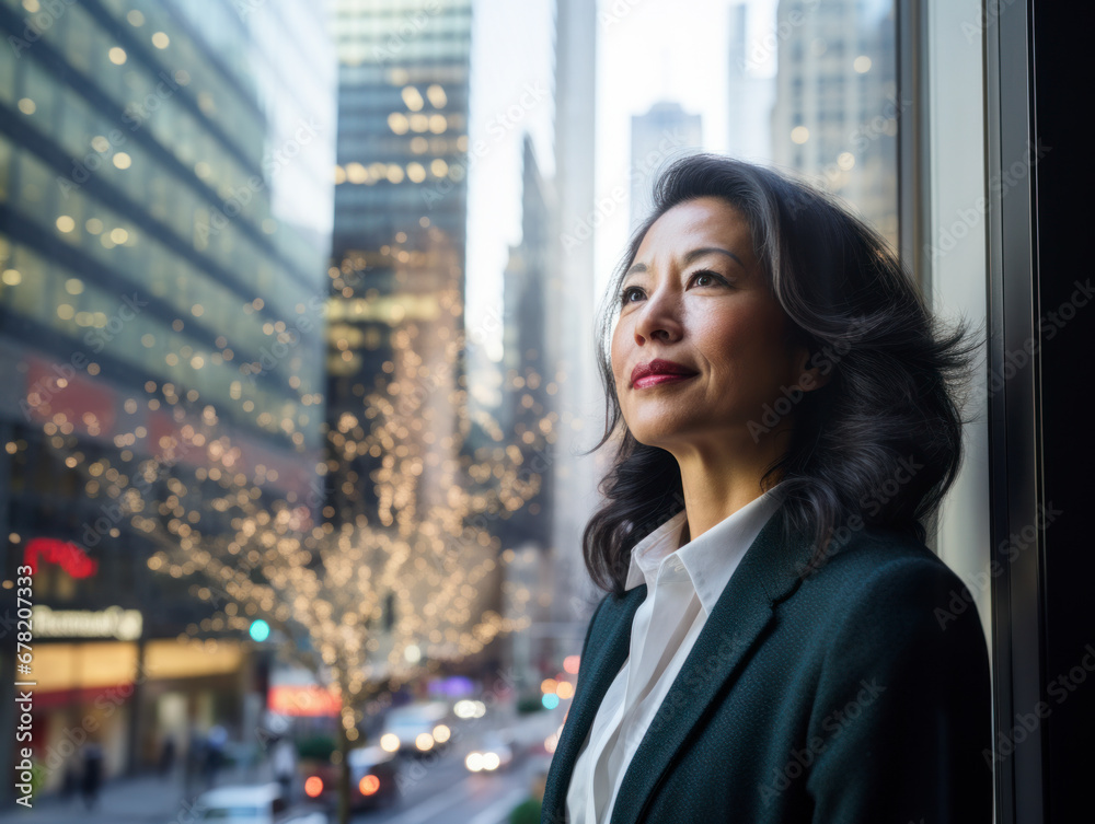 Business people stand in their offices in skyscrapers at Christmas