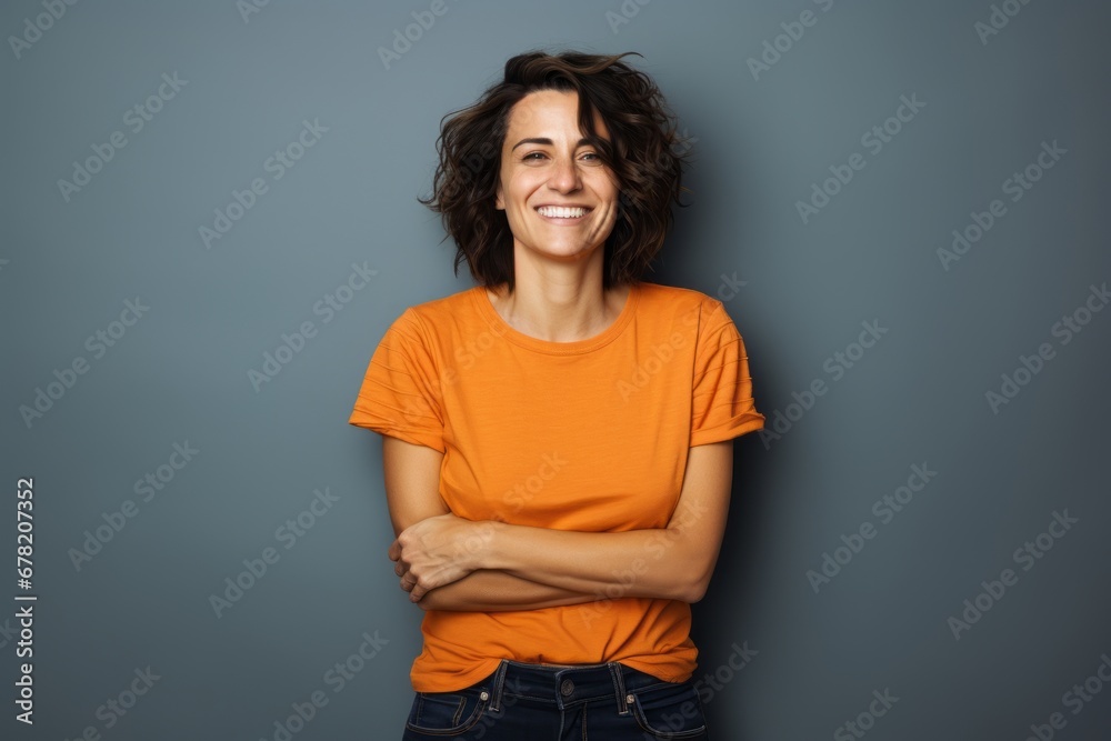 Portrait of a grinning woman in her 40s sporting a vintage band t-shirt against a solid color backdrop. AI Generation Portrait of a grinning woman in her 40s sporting a vintage band t-shirt against a solid color backdrop. AI Generation