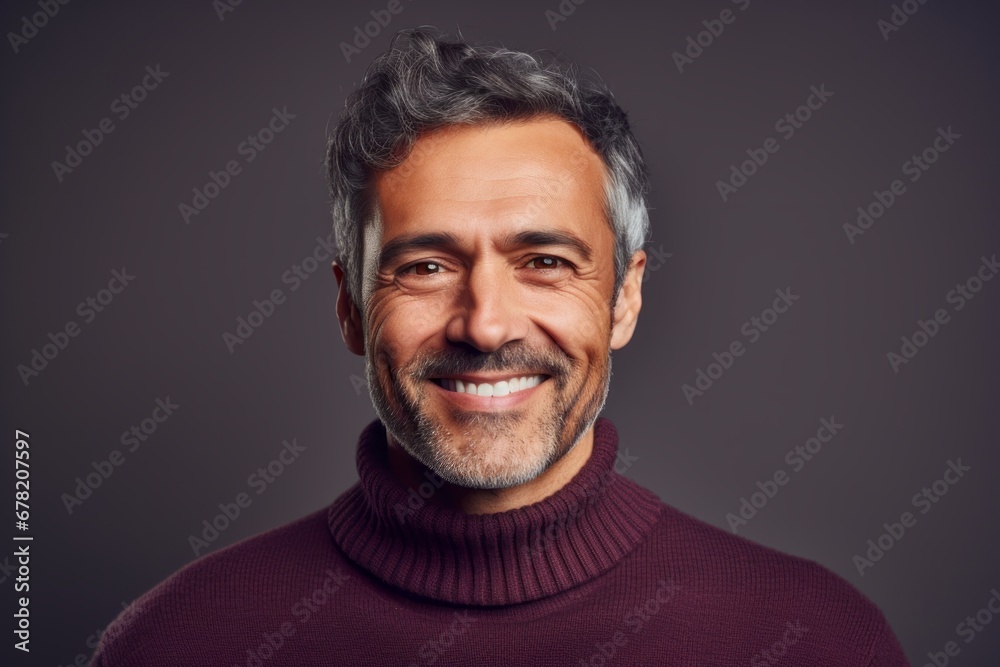 Portrait of a happy man in his 40s dressed in a warm wool sweater against a solid color backdrop. AI Generation Portrait of a happy man in his 40s dressed in a warm wool sweater against a solid color backdrop. AI Generation