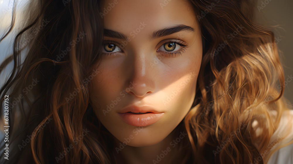 25 year old woman with radiant and fresh skin, photo shoot, beauty model, light background, close-up of face