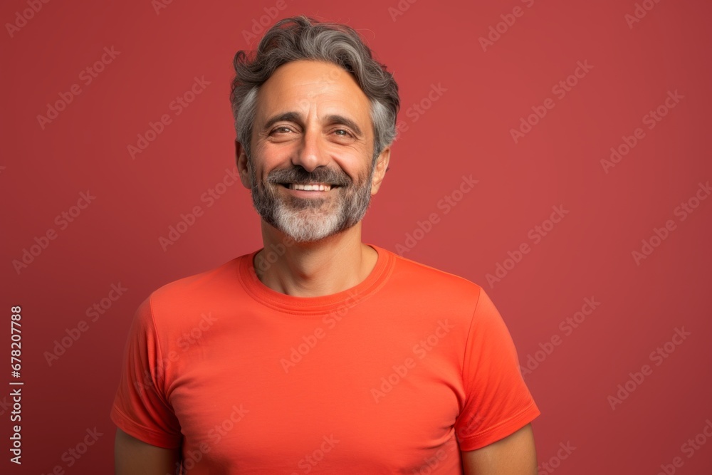 Portrait of a cheerful man in his 50s sporting a breathable mesh jersey against a solid color backdrop. AI Generation