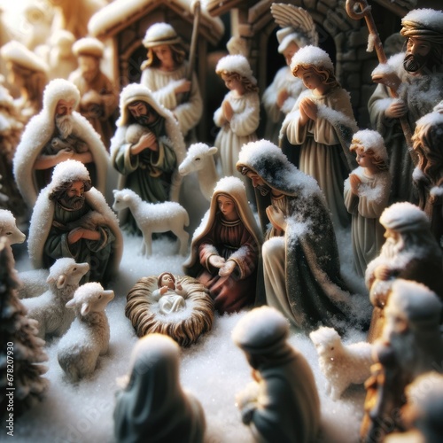 A close-up of a Nativity scene figurine set  with each figure dusted in a layer of snow. 