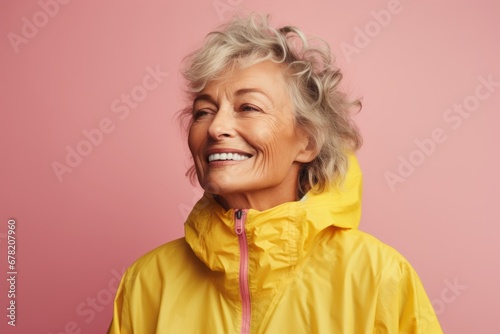 Portrait of a blissful woman in her 70s wearing a lightweight packable anorak against a solid color backdrop. AI Generation photo