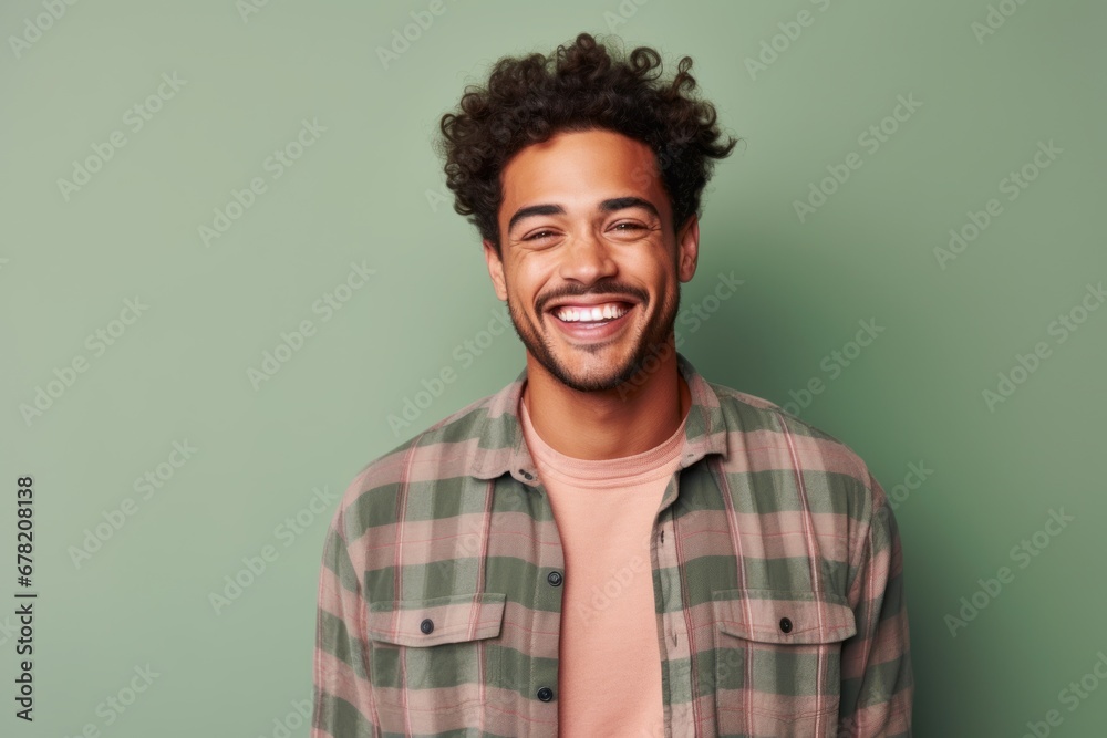 Portrait of a happy man in his 20s dressed in a relaxed flannel shirt against a solid color backdrop. AI Generation Portrait of a happy man in his 20s dressed in a relaxed flannel shirt against a solid color backdrop. AI Generation
