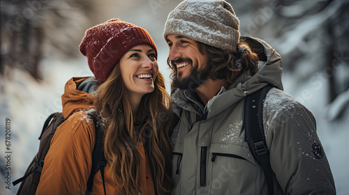 Young couple in warm clothes and hats with backpacks on hiking trip through the winter forest photo