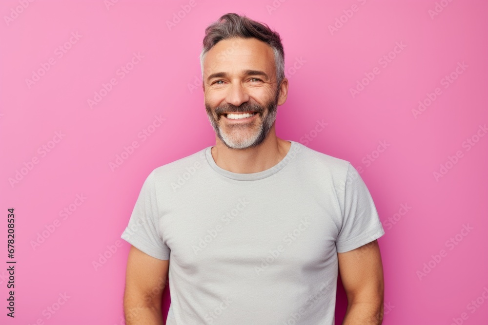 Portrait of a happy man in his 40s sporting a vintage band t-shirt against a solid pastel color wall. AI Generation Portrait of a happy man in his 40s sporting a vintage band t-shirt against a solid pastel color wall. AI Generation