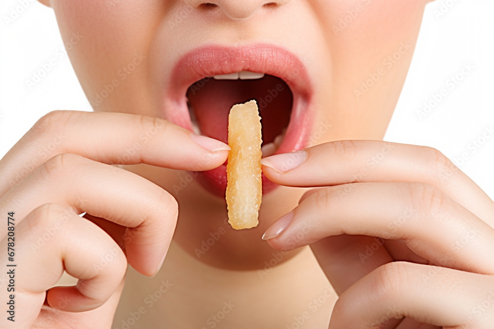 A Woman's Lips Enjoying Crispy and Flavorful French Fries Extravaganza AI generated A Woman's Lips Enjoying Crispy and Flavorful French Fries Extravaganza AI generated