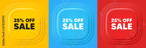 Sale 25 percent off discount. Neumorphic offer banners. Promotion price offer sign. Retail badge symbol. Sale podium background. Product infographics. Vector