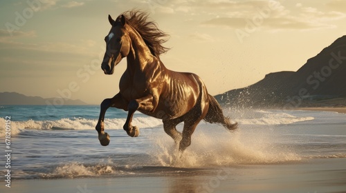 A horse gallops along the shoreline.