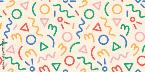 Fun colorful line doodle seamless pattern. Creative minimalist style art background for children or trendy design with basic shapes. Simple childish scribble backdrop.
