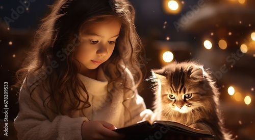 A young Caucasian girl with long hair in a white sweater is reading a book in the glow of twinkling lights, with a fluffy cat sitting beside her looking attentive.