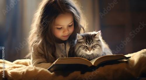A young Caucasian girl with long hair is focused on reading a book, sitting next to a fluffy cat on a soft blanket in a cozily lit room.