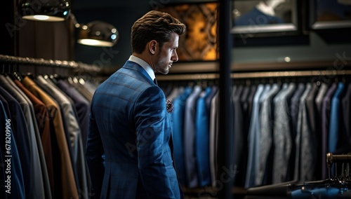 A young Caucasian European man in a blue suit is standing with his back to the camera in a clothing store.