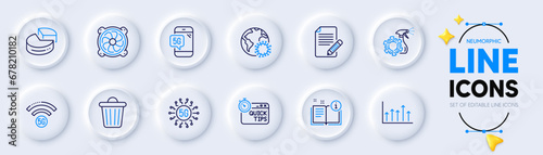 5g wifi, 5g technology and Quick tips line icons for web app. Pack of Manual, Article, Trash bin pictogram icons. Coronavirus, Growth chart, Computer fan signs. Pie chart, Coronavirus spray. Vector
