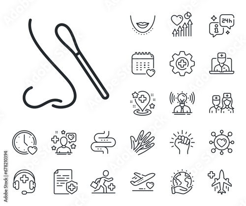 Nose with cotton swab sign. Online doctor, patient and medicine outline icons. Nasal swab test line icon. Coronavirus testing symbol. Nasal test line sign. Vector