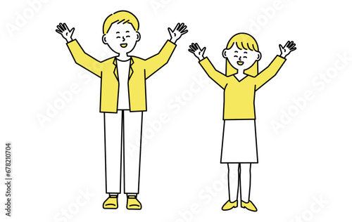 男女　喜ぶ　イラスト　線画　バンザイ 