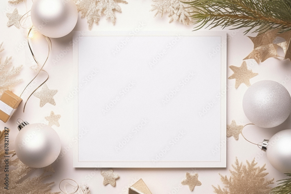 Obraz premium Christmas greeting card mockup with white christmas decorations on white background. Flat lay, top view, copy space.
