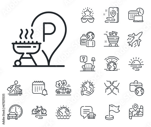 Barbecue cooker for cooking food sign. Plane jet, travel map and baggage claim outline icons. Grill place line icon. Hot meat brazier symbol. Grill place line sign. Vector