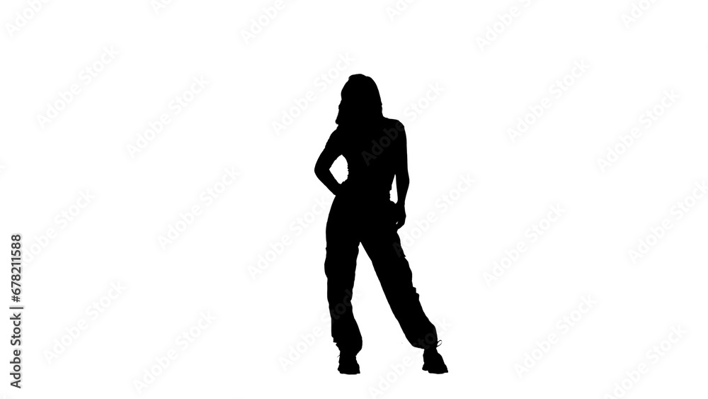 Portrait of female dancer. Attractive young woman black silhouette posing, dancing jazz funk dance , isolated on white background alpha channel.