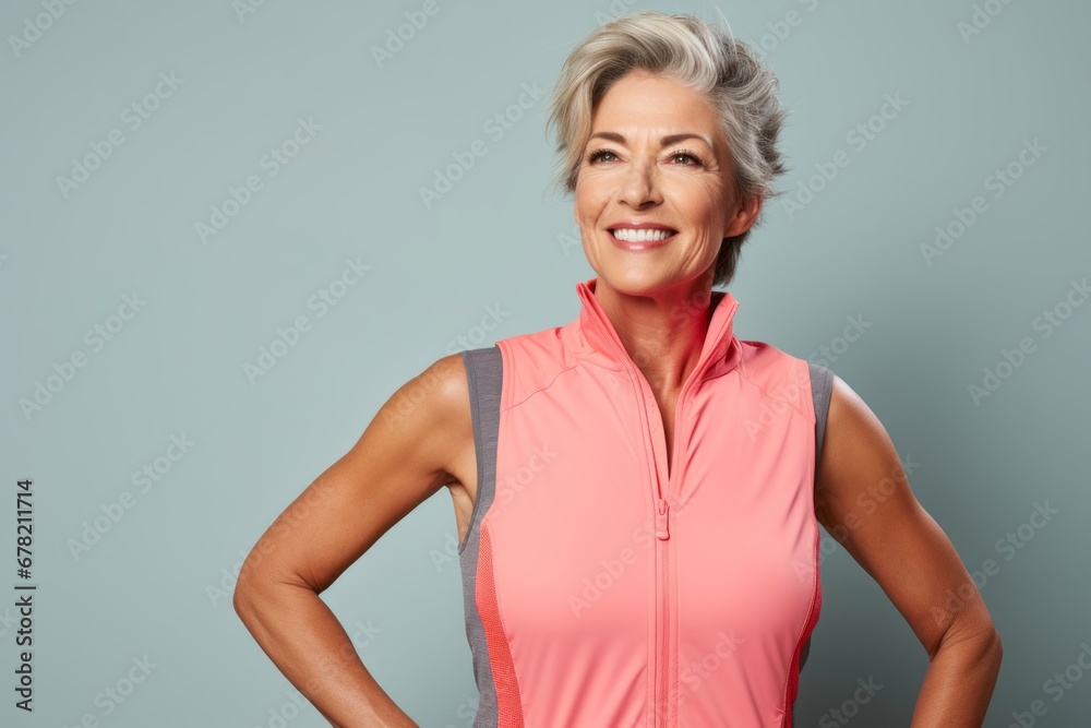 Portrait of a glad woman in her 50s wearing a lightweight running vest against a solid pastel color wall. AI Generation Portrait of a glad woman in her 50s wearing a lightweight running vest against a solid pastel color wall. AI Generation