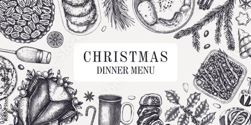 Christmas food background. Family dinner. Winter holiday menu. Traditional food design elements. Food and drink sketches set. Hand drawn vector illustration. Vintage banner template