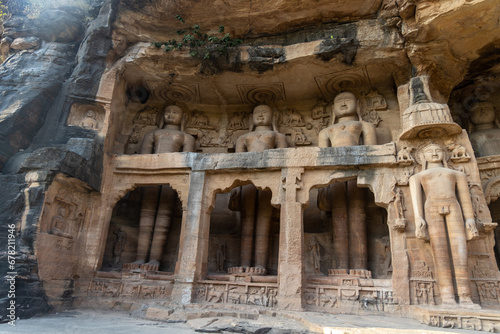Siddhachal Caves are Jain cave monuments and statues carved into the rock face inside the Urvashi valley of the Gwalior Fort in northern Madhya Pradesh, India. photo