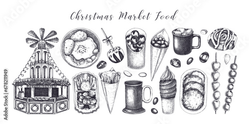 Christmas market design elements. Hand drawn vector illustration. Traditional winter holiday marketplace. Wooden stall kiosk.  Bakery, fast food, mulled wine, sweets sketches