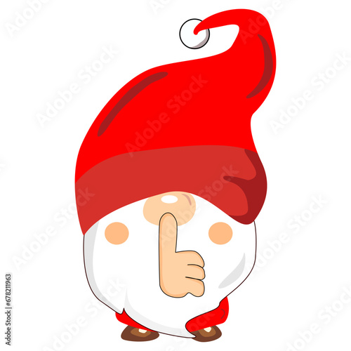 Christmas Gnomes character holding hand near mouth silence. Shhh symbol