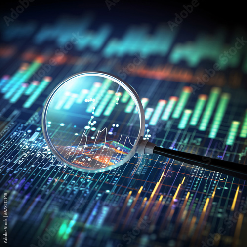 Magnifying Glass on Data Analysis Charts, Close-up of Technology