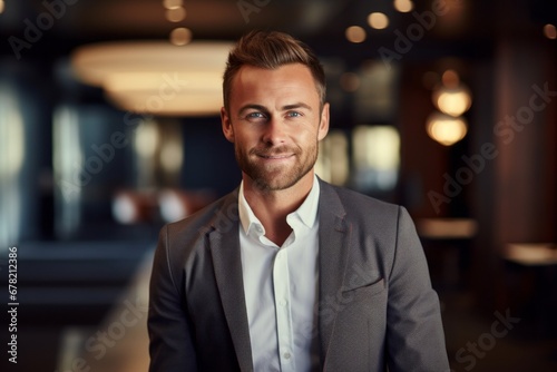 Portrait of a grinning man in his 30s dressed in a stylish blazer against a scandinavian-style interior background. AI Generation